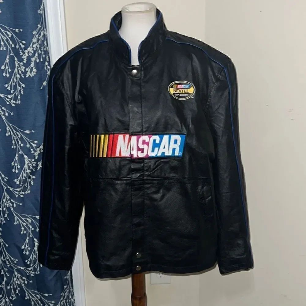 NASCAR Nextel Black Leather Bomber Jacket Coat Vintage RARE Embroidered sz Large
